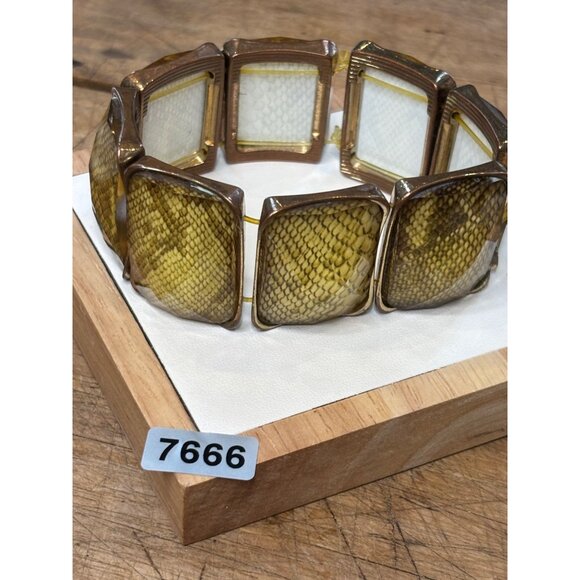 Yellow Snake Print Resin & Gold Tone Stretch Bracelet - Picture 4 of 8